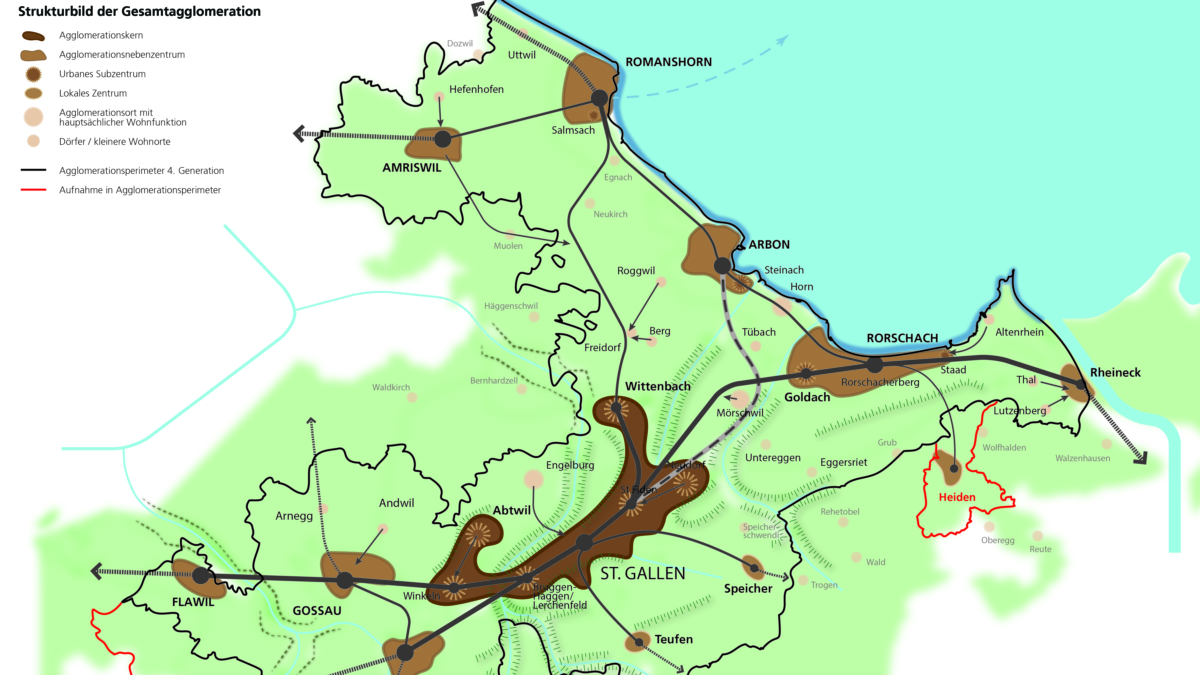 Abb. 1: Das Strukturbild der Agglomeration St.Gallen-Bodensee; Degersheim und Heiden als lokale Zentren nun in den Perimeter integriert.