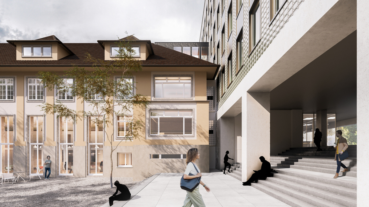 Visualisierung Treppe vom Eingang zum Innenhof mit Zwischenbau links