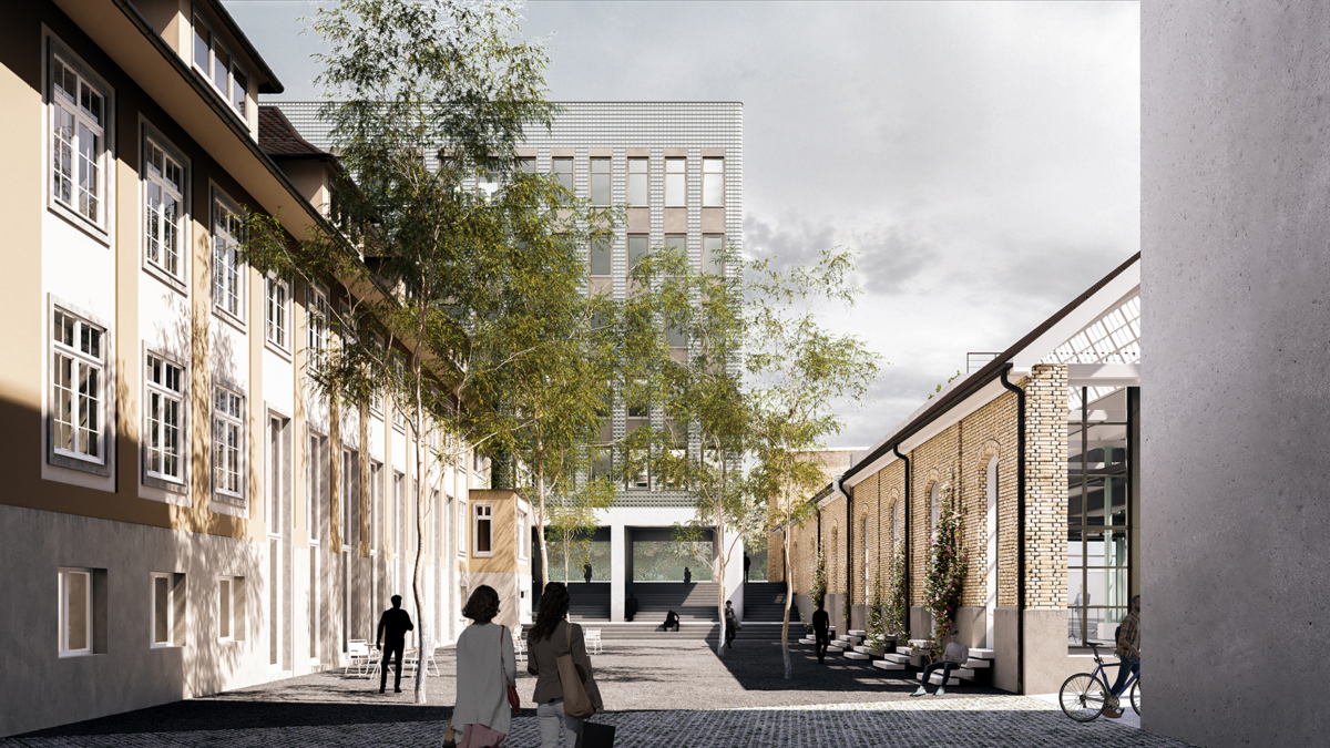 Visualisierung Blick Innenhof mit Zwischenbau links und Shedhalle rechts Richtung «Blauer Engel»