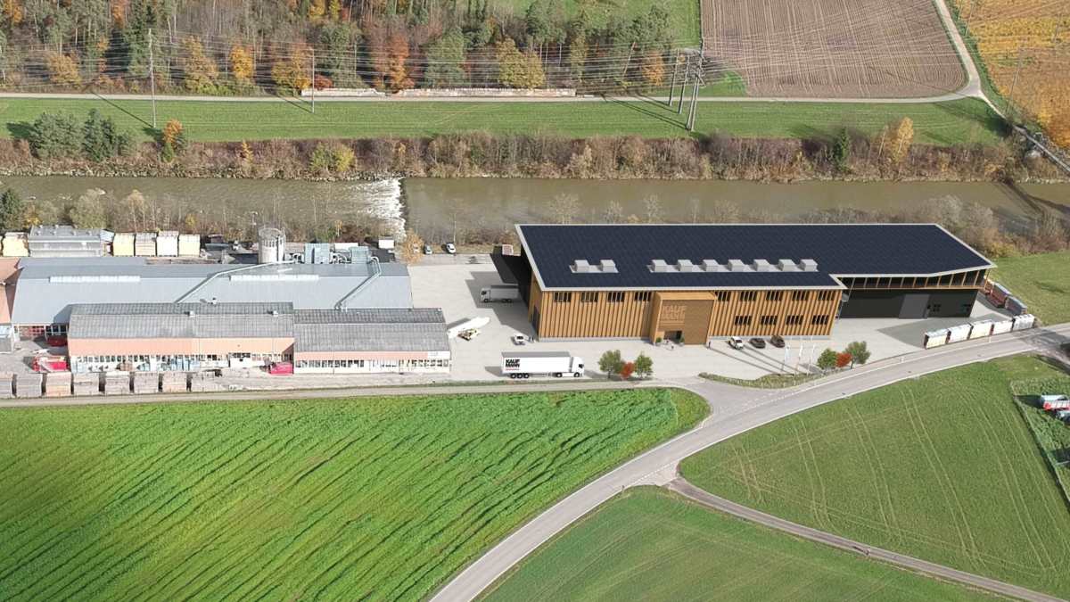 Das 15-Millionen-Projekt umfasst die Verschiebung der Lagerhalle (Gebäude links), den Kauf der Pressanlage sowie den Neubau einer Produktionshalle (Gebäude rechts) und die Erweiterung des Standorts Roggwil.