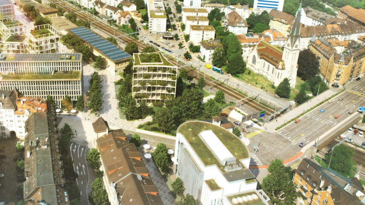 Links das Malik-Gebäude, vorne mittig das V57 (Polizeizentrale), rechts die St.Leonhardsbrücke