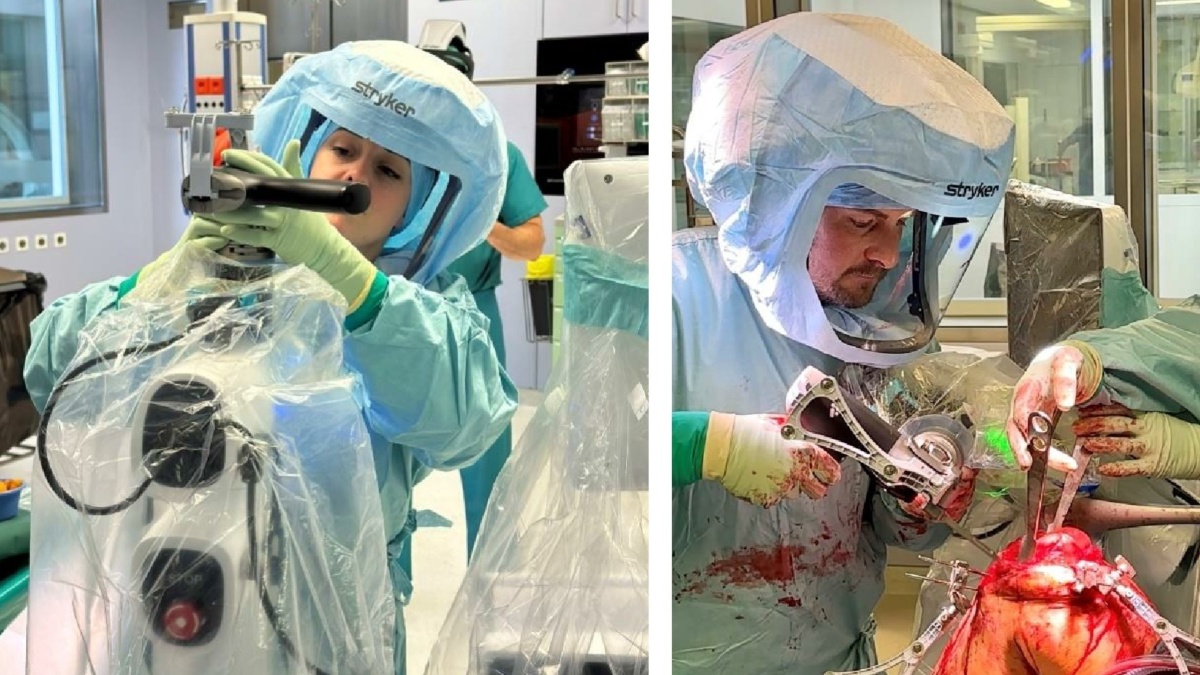 Links: Vorbereitung am Velys-Roboter für den Eingriff, rechts: Dr. med. Christoph Knoth beim Eingriff mit Hilfe der Velys-Robotic-Assisted-Solution